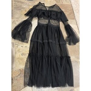 Vintage Goth Sexy Whimsigoth Y2K Black Sheer Mesh Lace Maxi Midi Dress S XS